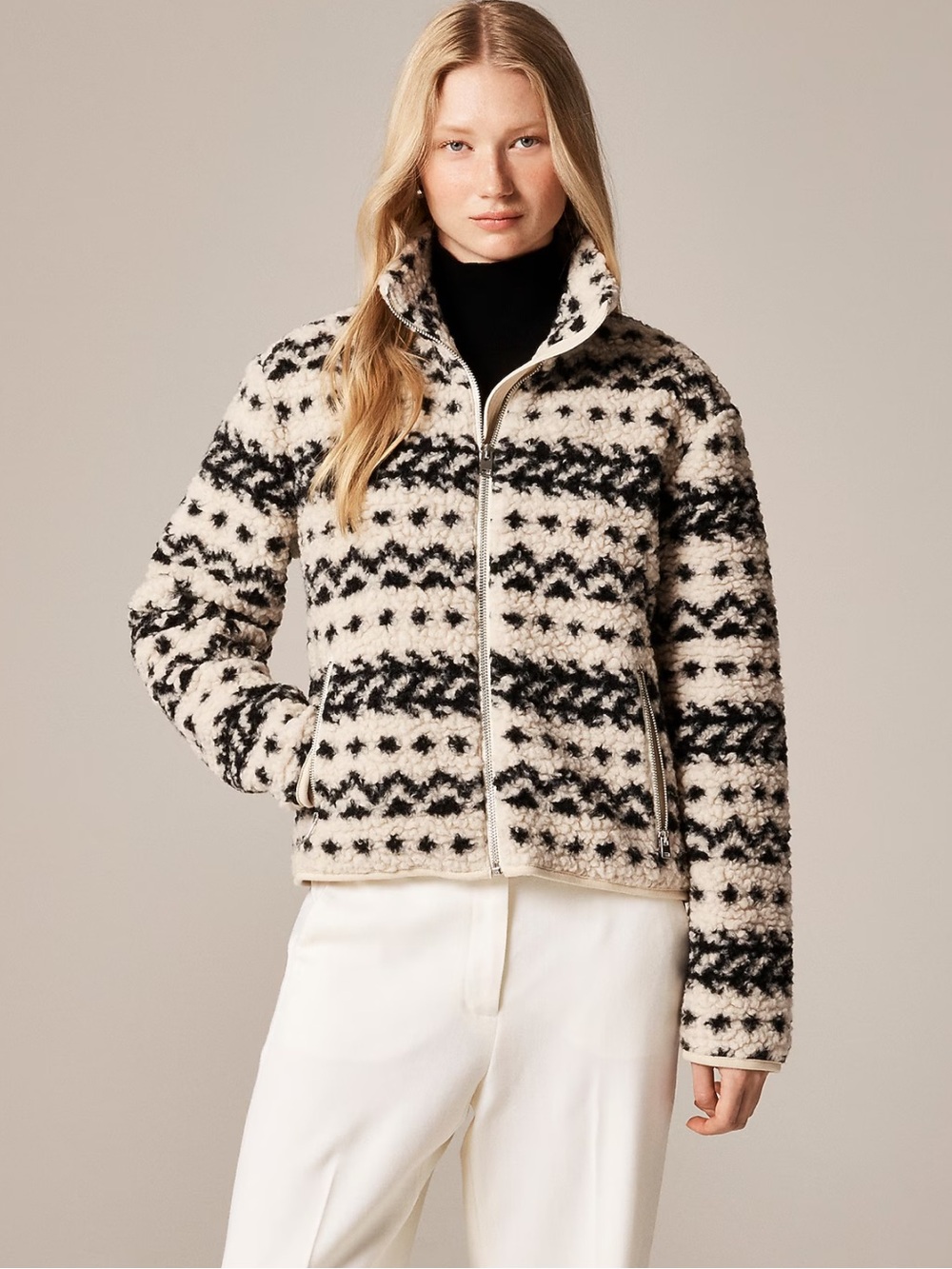 J.Crew Sherpa Fleece Zip Up Jacket Vintage Fair Isle Jacquard Wool XXS
